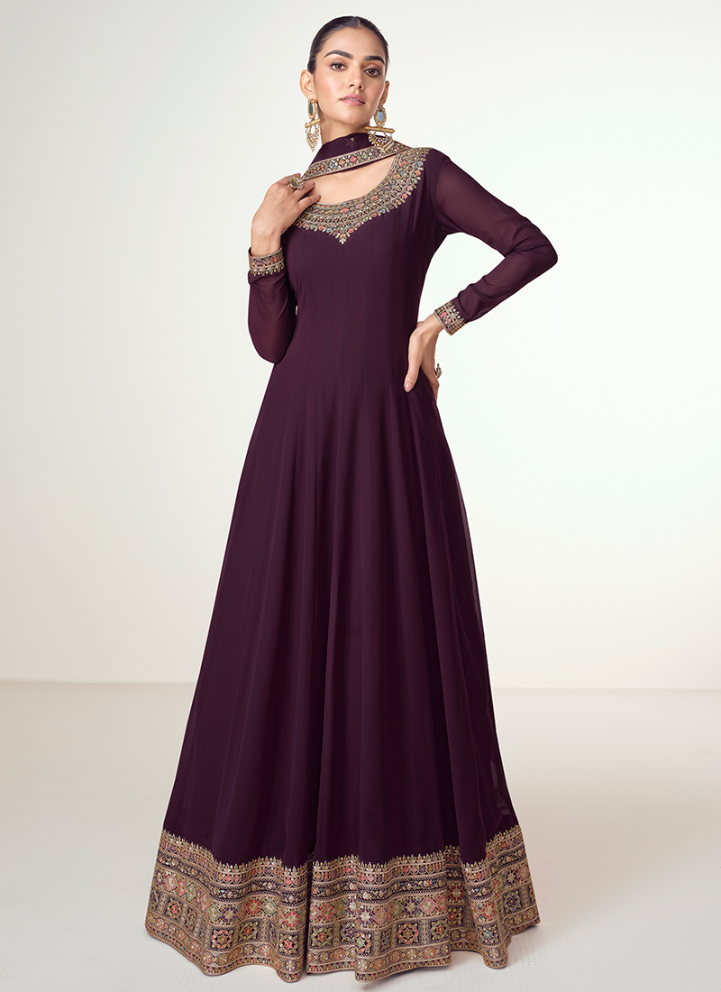 Real Georgette Wine Dress Suit Anarkali Bottom main image 1